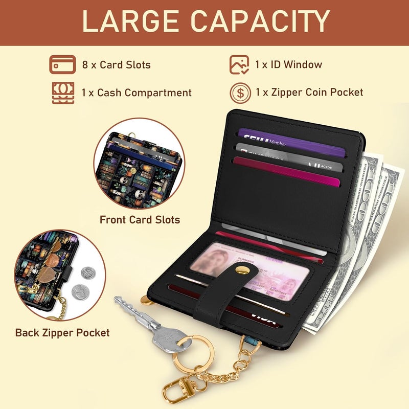 Jogjam Bookshelf and Skull Goth Gothic Skeleton Rfid Women Wallet, Small Slim Thin Compact Travel Credit Card Wallet, PU Leather Bifold Cash Wallet, Zipper Coin Pocket ID Window, Female Ladies Gifts - Image 4